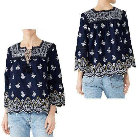 Shoshanna Calah 100% Cotton Boho Embroidered Peasant Top Blouse Navy White XS - Picture 2 of 10
